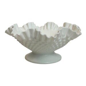 Vintage FENTON Hobnail white milk glass crimped ruffled footed Bowl